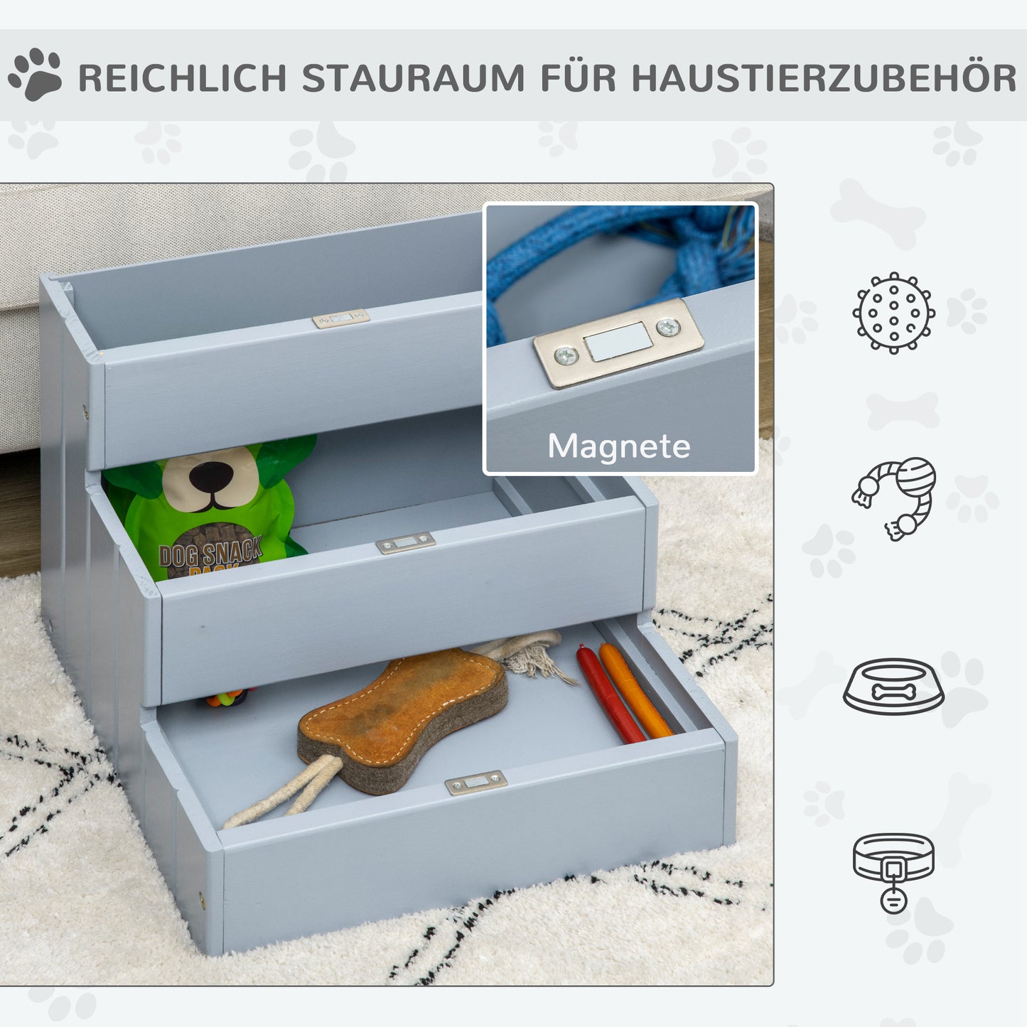 Sicherer Tritt aus Holz: Deine Hundetreppe mit Stauraum (3 Stufen, Grau)