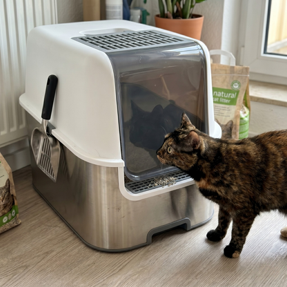 Edelstahl Katzentoilette mit Deckel: hygienisch sauber, wo Plastik längst aufgibt