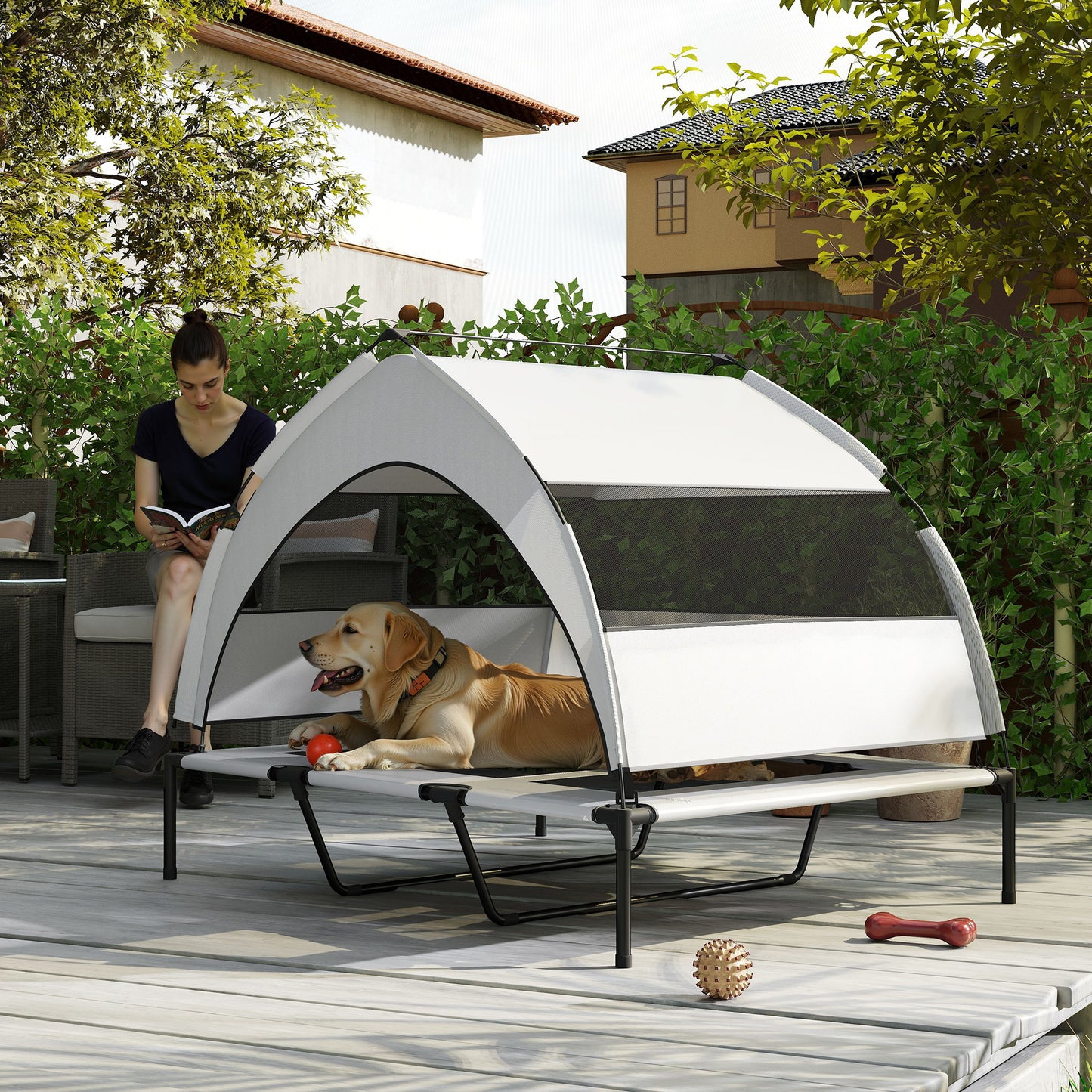Kühler Schatten für die Großen: Deine erhöhte Outdoor-Hundeliege mit Sonnendach (XXL)